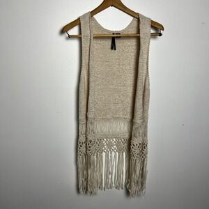 So It Is Womens Cream Knit Crochet Fringe Vest Boho Festival Sleeveless Medium